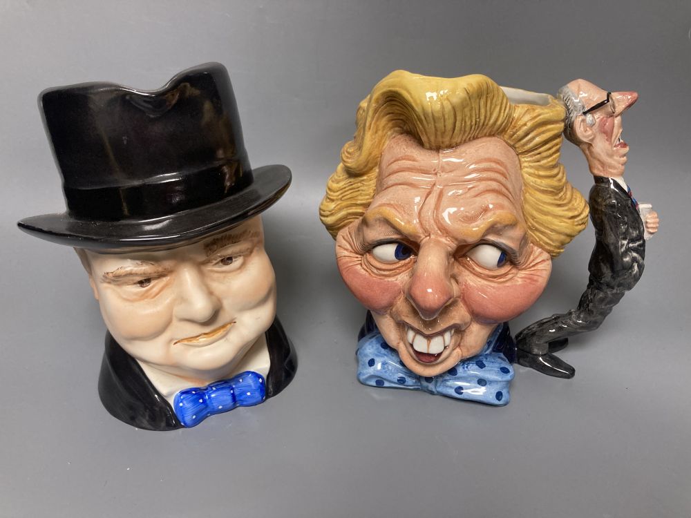 A Wilton pottery Winston Churchill character jug and a Staffordshire glazed expression The First 10 Years of Margaret Thatcher, talle
